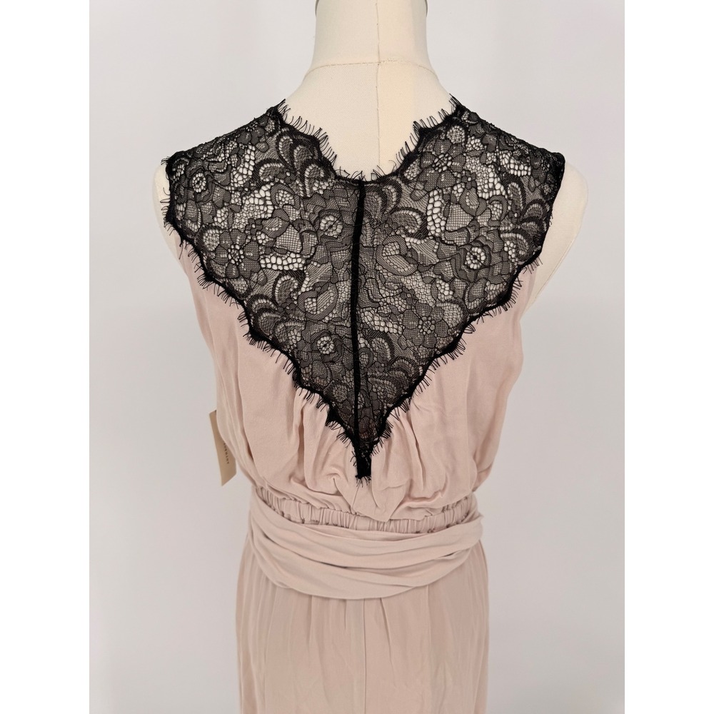 Anthropologie Satin Lace Wrap Dress Midi Pink Black Trim Tie‎ Waist  Women's M - Picture 7 of 9